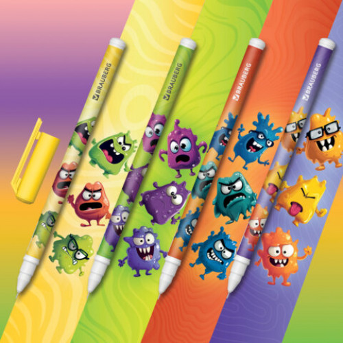 Ручка гелевая, кросс-серия МОНСТРИКИ, BRAUBERG, СИНЯЯ, корпус ассорти, игольчатый наконечник 0,5 мм, линия письма 0,3 мм,144483