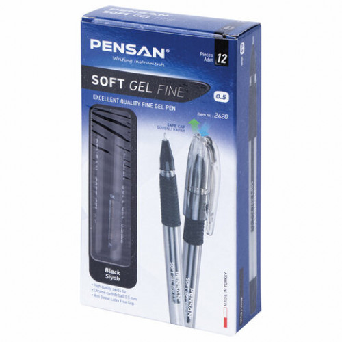 Ручка гелевая с грипом PENSAN Soft Gel Fine, ЧЕРНАЯ, игольчатый узел 0,5 мм, линия 0,4 мм, 2420/12