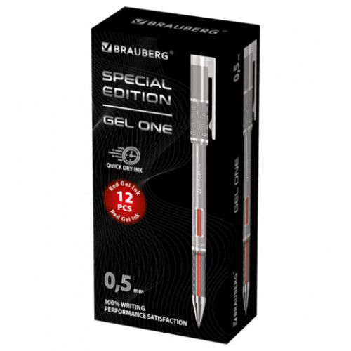 Ручка гелевая BRAUBERG GEL ONE, КРАСНАЯ, стандартный узел 0,5 мм, линия письма 0,35 мм, 144038