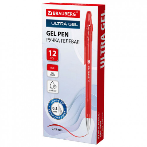 Ручка гелевая BRAUBERG ULTRA GEL, КРАСНАЯ, стандартный наконечник 0,5 мм, линия письма 0,35 мм, 144267