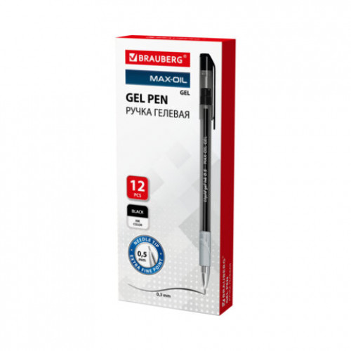 Ручка гелевая с грипом BRAUBERG Max-Oil Gel, ЧЕРНАЯ, игольчатый узел 0,5 мм, линия письма 0,3 мм, 144260