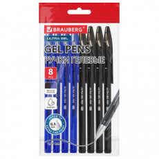 Ручки гелевые BRAUBERG ULTRA GEL, НАБОР 8 ШТУК (4 СИНИХ, 4 ЧЕРНЫХ), стандартный наконечник 0,5 мм, линия 0,35 мм, 144280