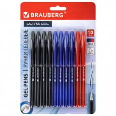 Ручки гелевые BRAUBERG ULTRA GEL, НАБОР 10 ШТУК (4 ЧЕРНЫХ, 4 СИНИХ, 2 КРАСНЫХ), стандартный наконечник 0,5 мм, линия 0,35 мм, 144270