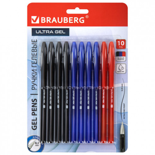 Ручки гелевые BRAUBERG ULTRA GEL, НАБОР 10 ШТУК (4 ЧЕРНЫХ, 4 СИНИХ, 2 КРАСНЫХ), стандартный наконечник 0,5 мм, линия 0,35 мм, 144270
