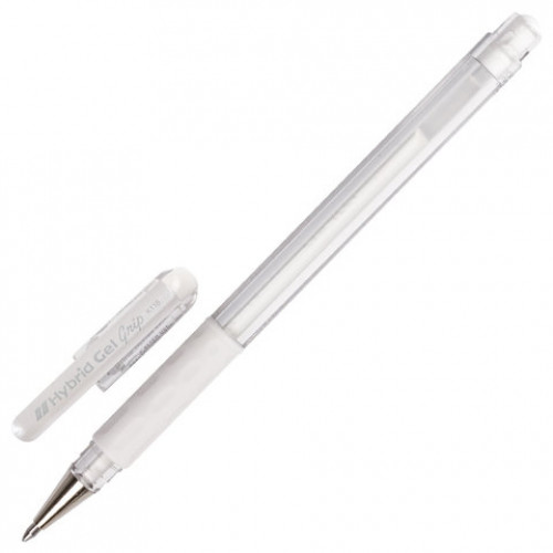 Ручка гелевая с грипом PENTEL (Япония) Hybrid Gel Grip, БЕЛАЯ, узел 0,8 мм, линия письма 0,4 мм, K118-LW