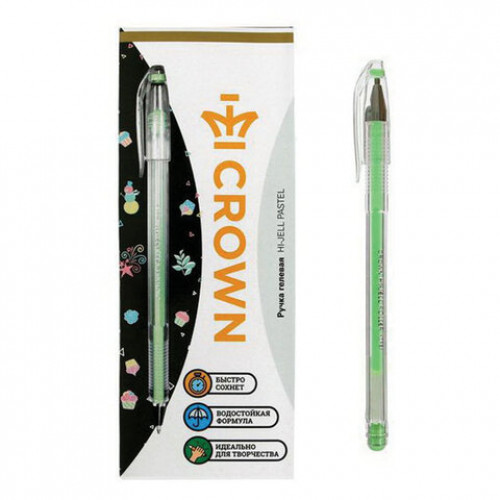 Ручка гелевая CROWN Hi-Jell Pastel, ЗЕЛЕНАЯ ПАСТЕЛЬ, узел 0,8 мм, линия письма 0,5 мм, HJR-500P