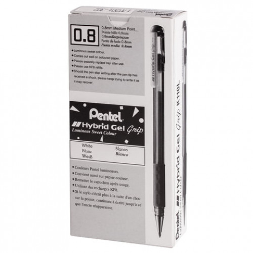 Ручка гелевая с грипом PENTEL (Япония) Hybrid Gel Grip, БЕЛАЯ, узел 0,8 мм, линия письма 0,4 мм, K118-LW