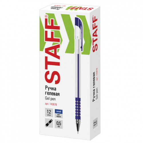 Ручка гелевая с грипом STAFF Basic Needle, СИНЯЯ, игольчатый узел 0,5 мм, линия письма 0,35 мм, 143678