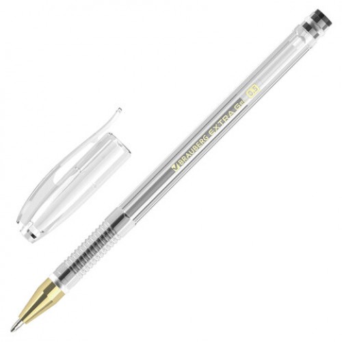Ручка гелевая BRAUBERG EXTRA GLD, ЧЕРНАЯ, корпус прозрачный, узел 0,5 мм, линия 0,35 мм, 143901