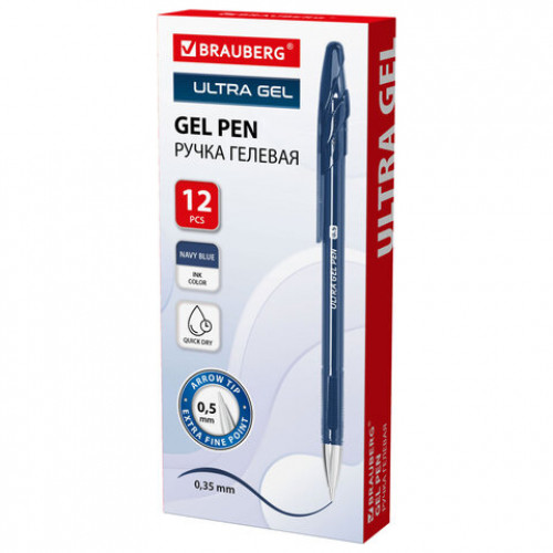 Ручка гелевая BRAUBERG ULTRA GEL NAVY BLUE, ТЕМНО-СИНЯЯ, стандартный наконечник 0,5 мм, линия письма 0,35 мм, 144281