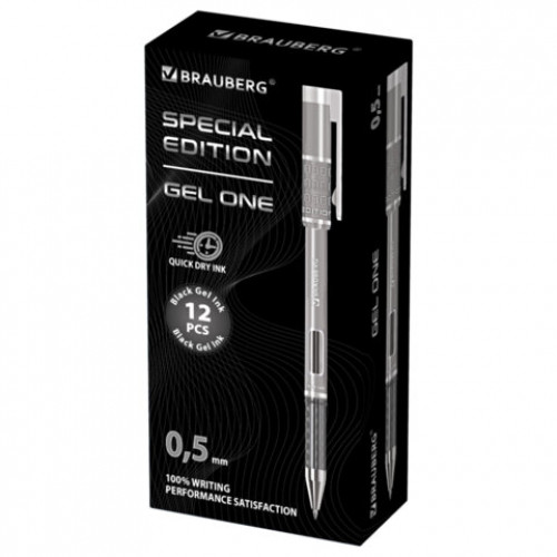 Ручка гелевая BRAUBERG GEL ONE, ЧЕРНАЯ, стандартный узел 0,5 мм, линия письма 0,35 мм, 144037