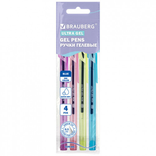 Ручки гелевые BRAUBERG ULTRA GEL PASTEL, НАБОР 4 ШТУКИ, СИНИЕ, стандартный наконечник 0,5 мм, линия письма 0,35 мм, 144282