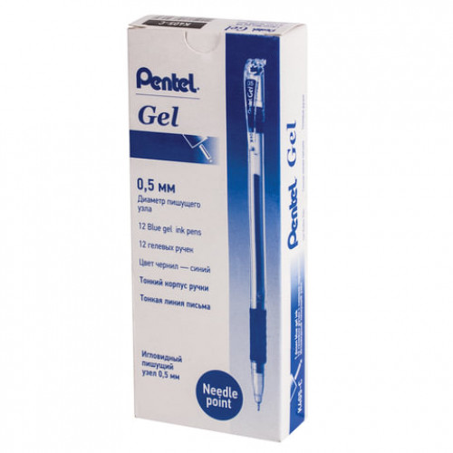 Ручка гелевая с грипом PENTEL (Япония), СИНЯЯ, корпус прозрачный, узел 0,5 мм, линия письма 0,25 мм, K405-CN
