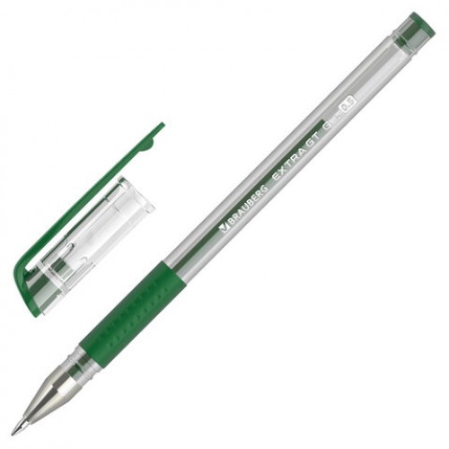 Ручка гелевая с грипом BRAUBERG EXTRA GT, ЗЕЛЕНАЯ, стандартный узел 0,5 мм, линия 0,35 мм, 143922