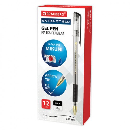 Ручка гелевая с грипом BRAUBERG EXTRA GT GLD, ЧЕРНАЯ, стандартный узел 0,5 мм, линия 0,35 мм, 143919