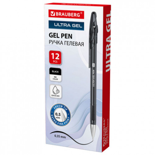 Ручка гелевая BRAUBERG ULTRA GEL, ЧЕРНАЯ, стандартный наконечник 0,5 мм, линия письма 0,35 мм, 144266