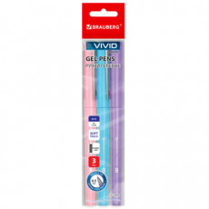 Ручки гелевые с грипом BRAUBERG VIVID PASTEL, СИНИЕ, НАБОР 3 ШТ., игольчатый узел 0,5 мм, линия письма 0,35 мм, 144540