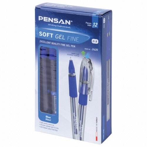 Ручка гелевая с грипом PENSAN Soft Gel Fine, СИНЯЯ, игольчатый узел 0,5 мм, линия 0,4 мм, 2420/12