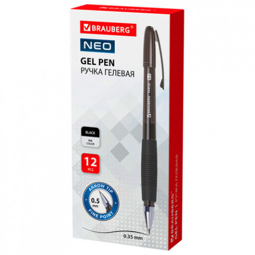 Ручка гелевая с грипом BRAUBERG NEO, ЧЕРНАЯ, пишущий узел 0,5 мм, линия письма 0,35 мм, 144537