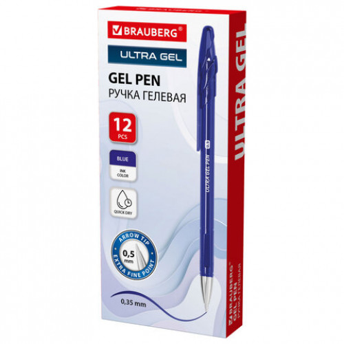 Ручка гелевая BRAUBERG ULTRA GEL, СИНЯЯ, стандартный наконечник 0,5 мм, линия письма 0,35 мм, 144265