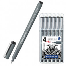 Набор капиллярных художественных ручек (линеров) STAEDTLER 6 шт.,ЧЕРНЫЕ, линия письма 0,05/0,1/0,2/0,3/0,5/0,8 мм, 308 SB6P