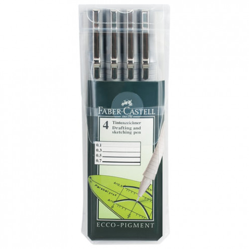 Набор капиллярных ручек (линеров) FABER-CASTELL 4 шт., Ecco Pigment, ЧЕРНЫЕ, линия 0,1/0,3/0,5/0,7 мм, 166004