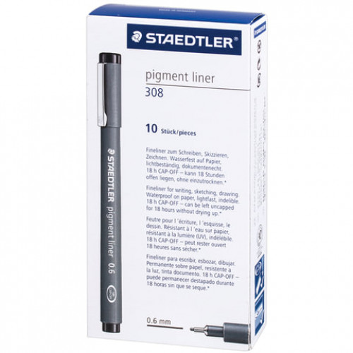 Ручка капиллярная (линер) STAEDTLER Pigment Liner, ЧЕРНАЯ, корпус серый, линия письма 0,6 мм, 308 06-9