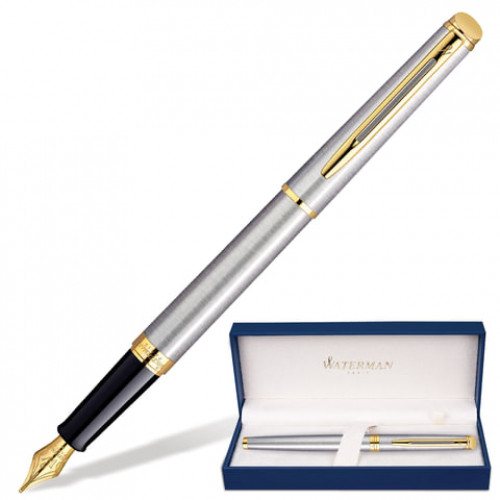 Ручка подарочная перьевая WATERMAN Hemisphere Stainless Steel GT, серебристый корпус, позолоченные детали, синяя, S0920310