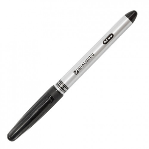 Ручка-роллер BRAUBERG Control, ЧЕРНАЯ, корпус серебристый, узел 0,5 мм, линия письма 0,3 мм, 141553