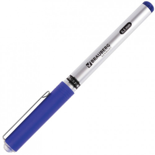 Ручка-роллер BRAUBERG Flagman, СИНЯЯ, корпус серебристый, хромированные детали, узел 0,5 мм, линия письма 0,3 мм, 141556