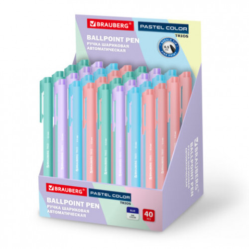 Ручка шариковая автоматическая BRAUBERG TRIOS PASTEL COLOR, СИНЯЯ, корпус ассорти, пишущий узел 0,5 мм, линия письма 0,3 мм, 144496