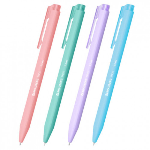 Ручка шариковая автоматическая BRAUBERG TRIOS PASTEL COLOR, СИНЯЯ, корпус ассорти, пишущий узел 0,5 мм, линия письма 0,3 мм, 144496