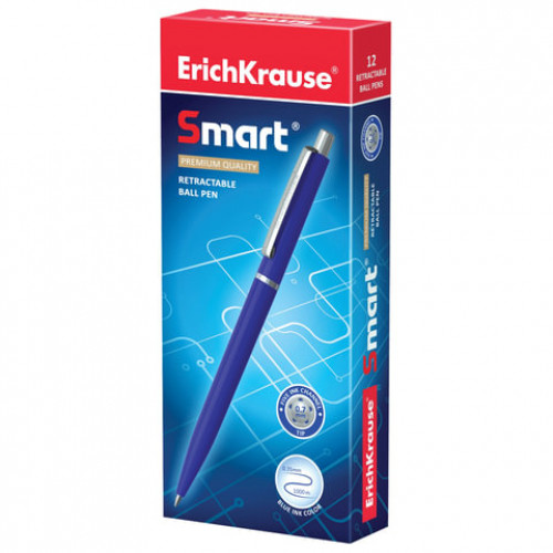 Ручка шариковая автоматическая ERICH KRAUSE Smart, СИНЯЯ, корпус синий, узел 0,7 мм, линия письма 0,35 мм, 44967