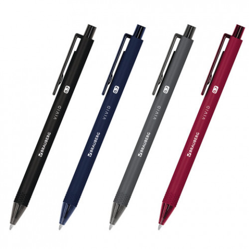 Ручки шариковые автоматические BRAUBERG VIVID, СИНИЕ, НАБОР 4 ШТУКИ, soft-touch, пишущий узел 0,7 мм, линия письма 0,35 мм, 144409