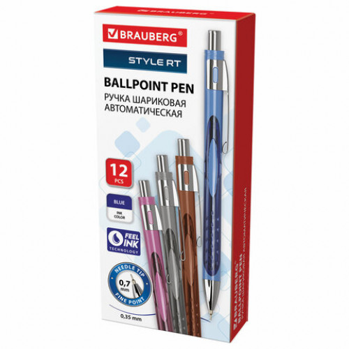 Ручка шариковая автоматическая с грипом BRAUBERG STYLE RT, СИНЯЯ, игольчатый наконечник 0,7 мм, линия письма 0,35 мм, 144324