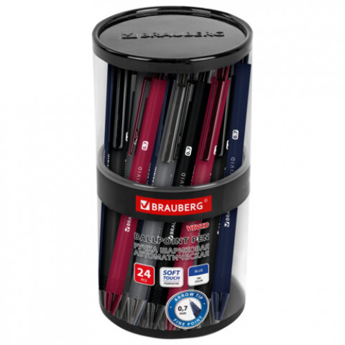Ручка шариковая автоматическая BRAUBERG VIVID, корпус soft-touch, СИНЯЯ, пишущий узел 0,7 мм, линия письма 0,35 мм, 144407