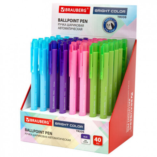 Ручка шариковая автоматическая BRAUBERG TRIOS BRIGHT COLOR, корпус ассорти, СИНЯЯ, пишущий узел 0,5 мм, линия письма 0,3 мм, 144497