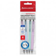 Ручки шариковые автоматические BRAUBERG VIVID PASTEL, СИНИЕ, НАБОР 4 ШТУКИ, soft-touch, пишущий узел 0,7 мм, линия письма 0,35 мм, 144408