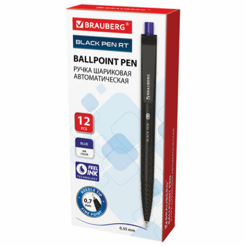 Ручка шариковая масляная автоматическая BRAUBERG BLACK PEN RT, СИНЯЯ, игольчатый наконечник 0,7 мм, линия письма 0,35 мм, 144326