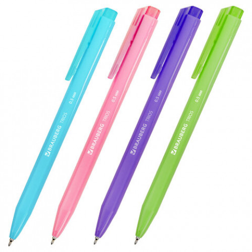 Ручка шариковая автоматическая BRAUBERG TRIOS BRIGHT COLOR, корпус ассорти, СИНЯЯ, пишущий узел 0,5 мм, линия письма 0,3 мм, 144497
