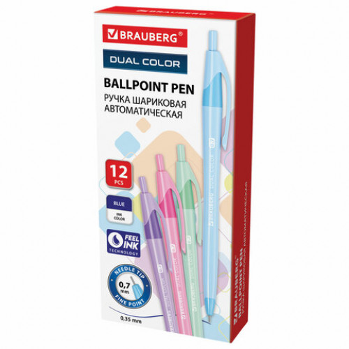 Ручка шариковая автоматическая масляная BRAUBERG DUAL COLOR, СИНЯЯ, игольчатый наконечник 0,7 мм, линия письма 0,35 мм, 144327
