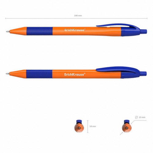 Ручка шариковая масляная автоматическая с грипом ERICH KRAUSE U-209 Orange, СИНЯЯ, узел 1,0 мм, линия письма 0,3 мм, 47593