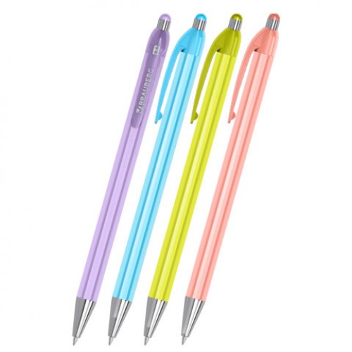 Ручка шариковая автоматическая BRAUBERG Stripes Pastel, СИНЯЯ, корпус ассорти, пишущий узел 0,5 мм, линия письма 0,3 мм, 144220