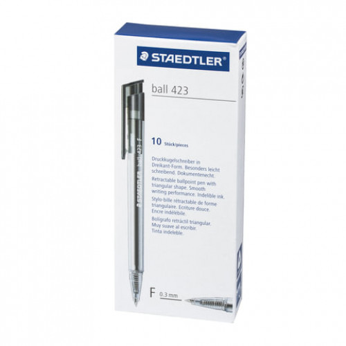Ручка шариковая автоматическая STAEDTLER, ЧЕРНАЯ, корпус прозрачный, узел 0,7 мм, линия письма 0,45 мм, 423 F-9