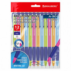 Ручки шариковые автоматические BRAUBERG A-30 COLOR MIX WRITING 3.0, КОМПЛЕКТ 12 ШТ., СИНИЕ, узел 0,5 мм, линия 0,25 мм, 144342