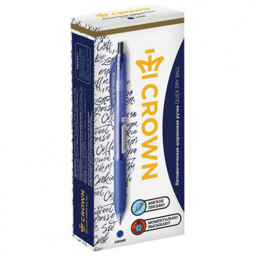Ручка шариковая масляная автоматическая с грипом CROWN Quick Dry, СИНЯЯ, узел 0,5 мм, линия письма 0,3 мм, QD-018
