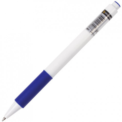 Ручка шариковая автоматическая с грипом BRAUBERG Blank, СИНЯЯ, корпус белый, узел 0,7 мм, линия письма 0,35 мм, 141153