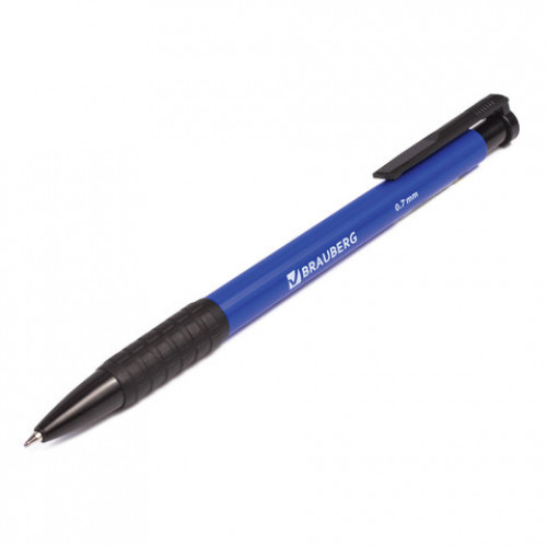 Ручка шариковая автоматическая с грипом BRAUBERG Explorer, СИНЯЯ, корпус синий, узел 0,7 мм, линия письма 0,35 мм, 140581