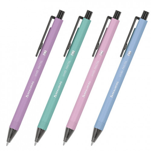 Ручки шариковые автоматические BRAUBERG VIVID PASTEL, СИНИЕ, НАБОР 4 ШТУКИ, soft-touch, пишущий узел 0,7 мм, линия письма 0,35 мм, 144408