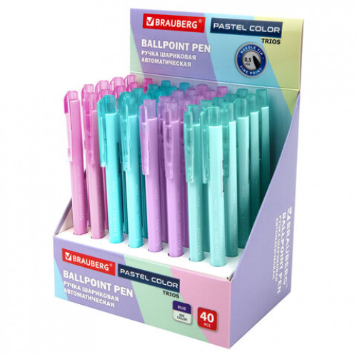 Ручка шариковая автоматическая BRAUBERG TRIOS PASTEL COLOR, СИНЯЯ, корпус ассорти, пишущий узел 0,5 мм, линия письма 0,3 мм, 144496